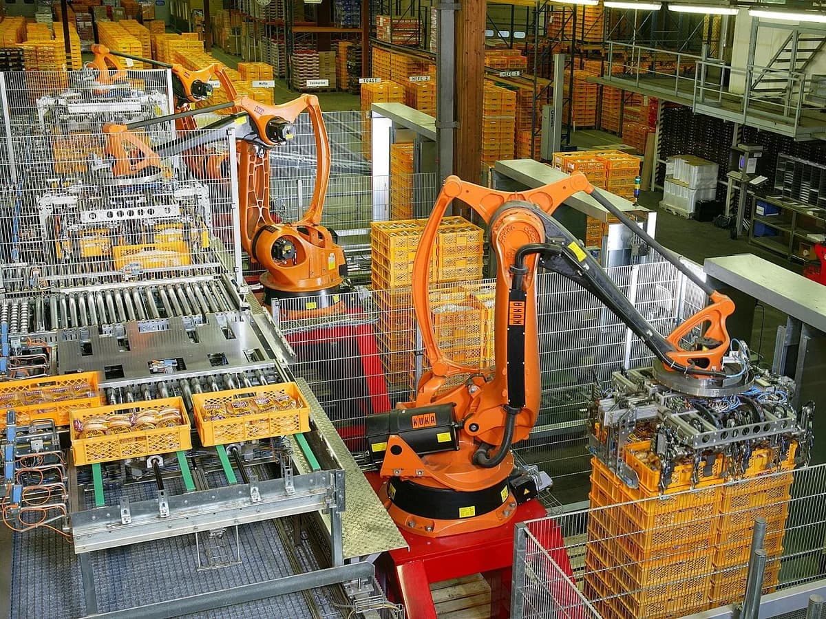 Robotic arms palletizing bread products in an industrial bakery.