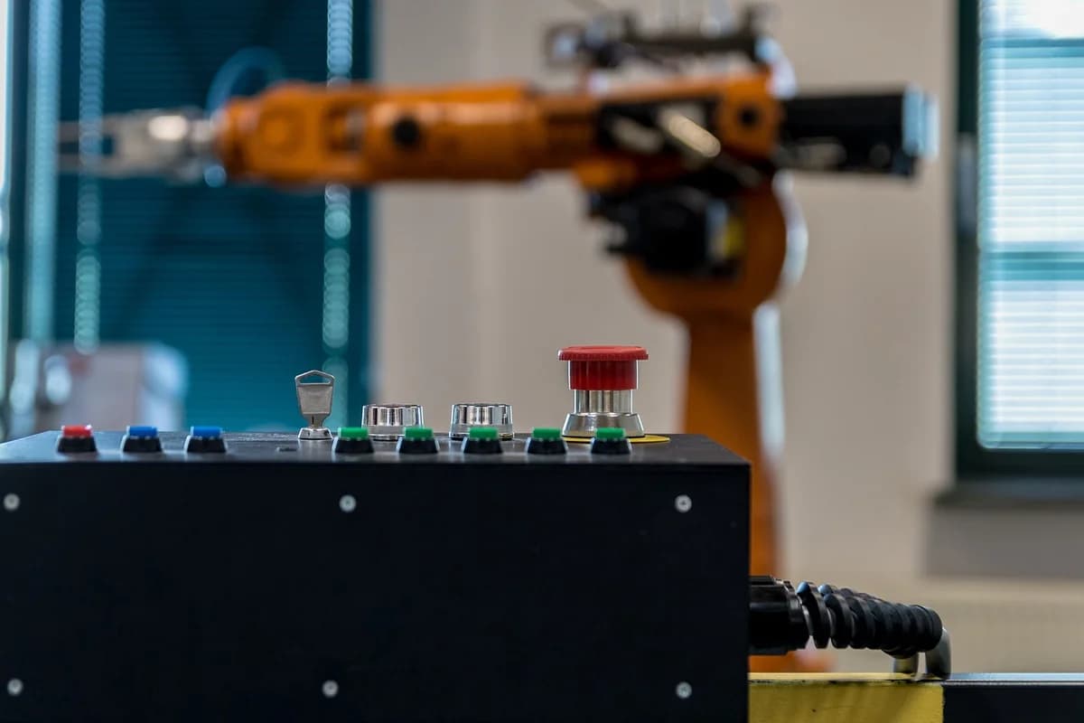 An industrial robot arm behind a control panel with buttons and an emergency stop.