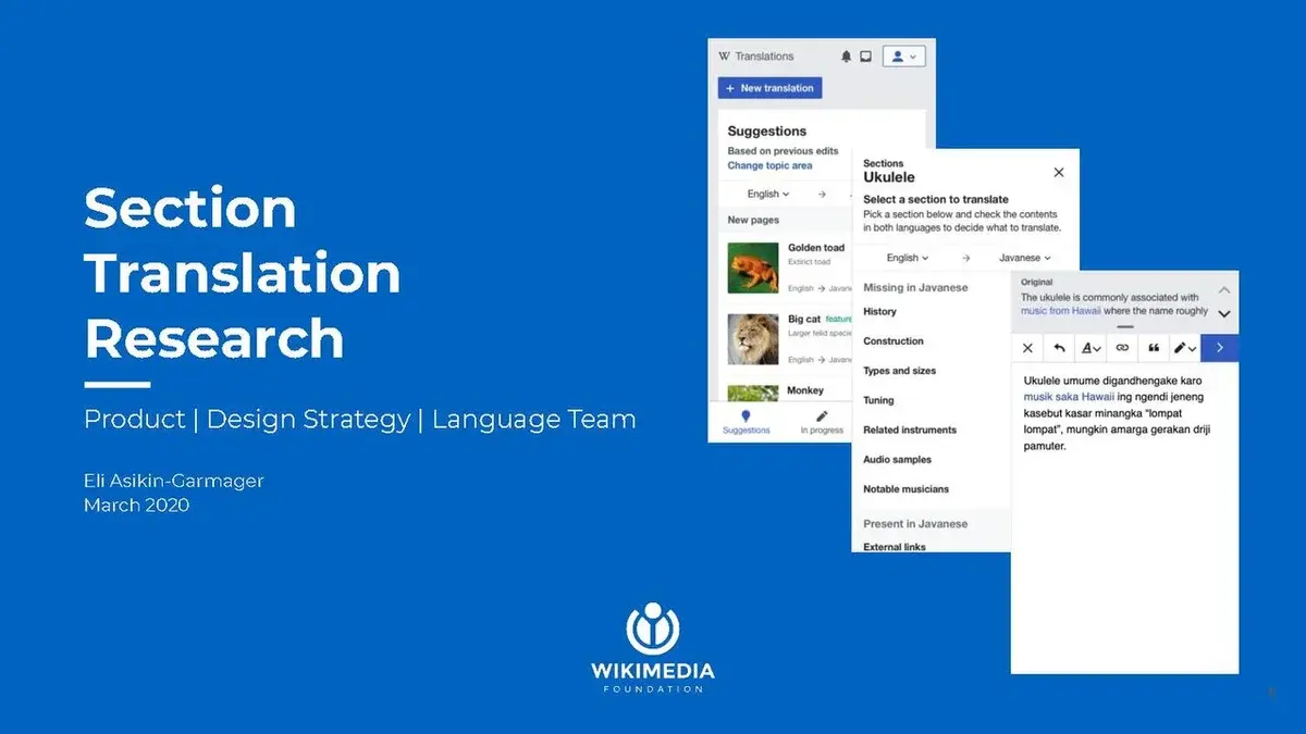 Blue title slide for Section Translation Research with translation interface screenshots.