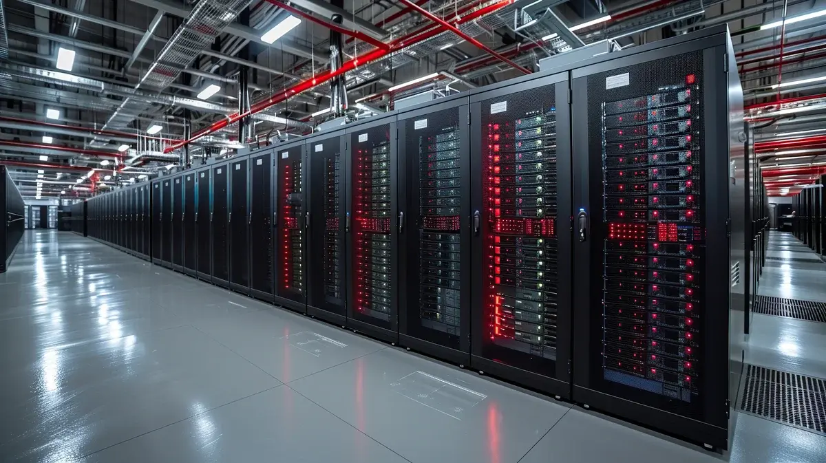 Rows of server racks in a modern data center.