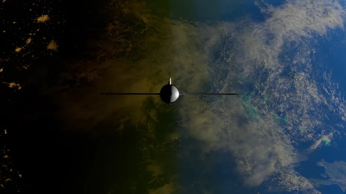 A satellite flying above Earth with clouds, land, and ocean visible.