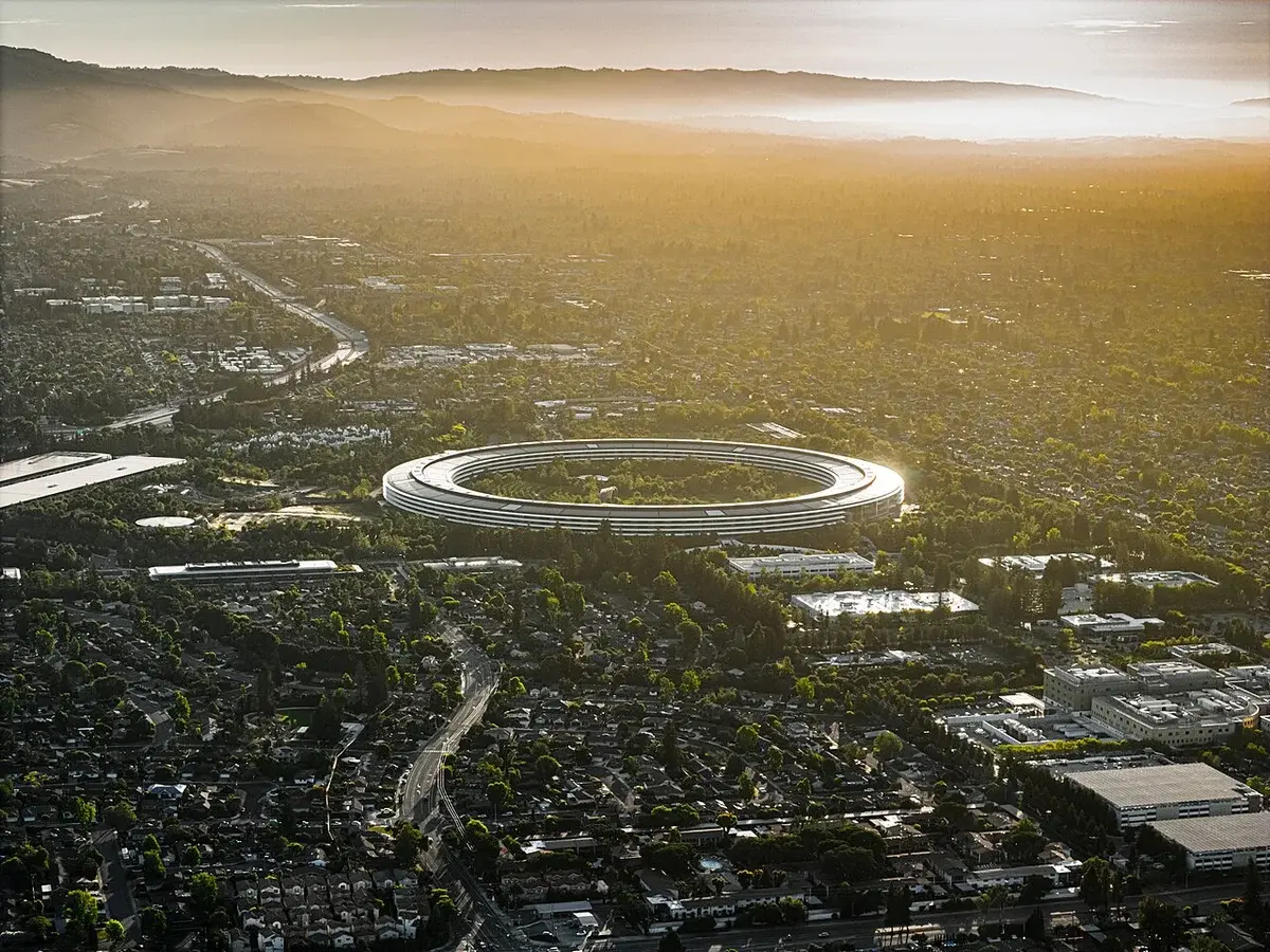 Aerial sunset view of Apple Park in Cupertino.