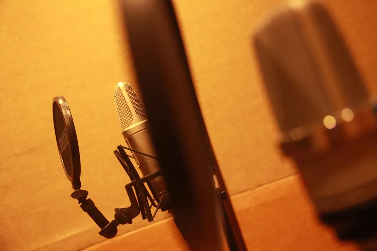 A microphone in a recording booth with a pop filter.