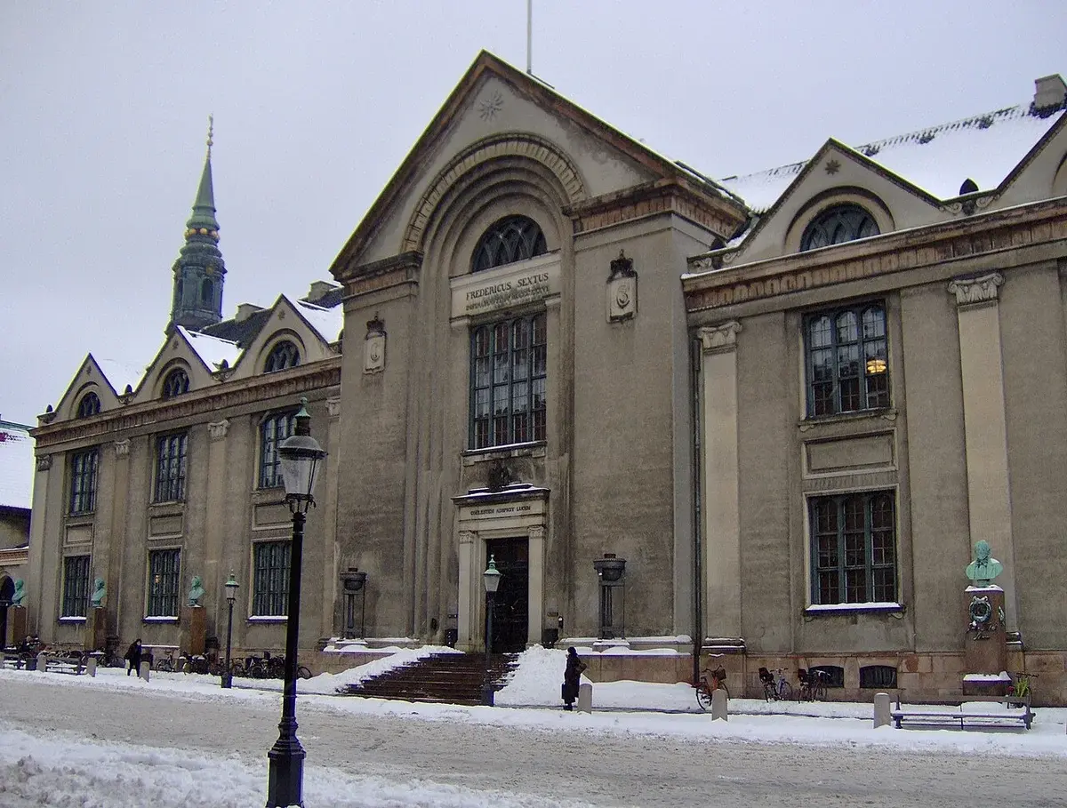Snow-covered exterior of Copenhagen University in central Copenhagen.