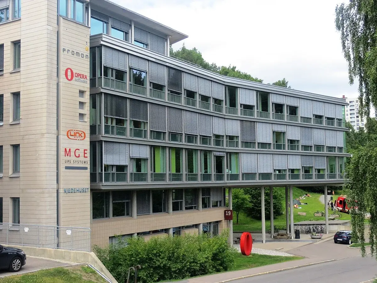 Office building with Opera Software signage in Oslo.