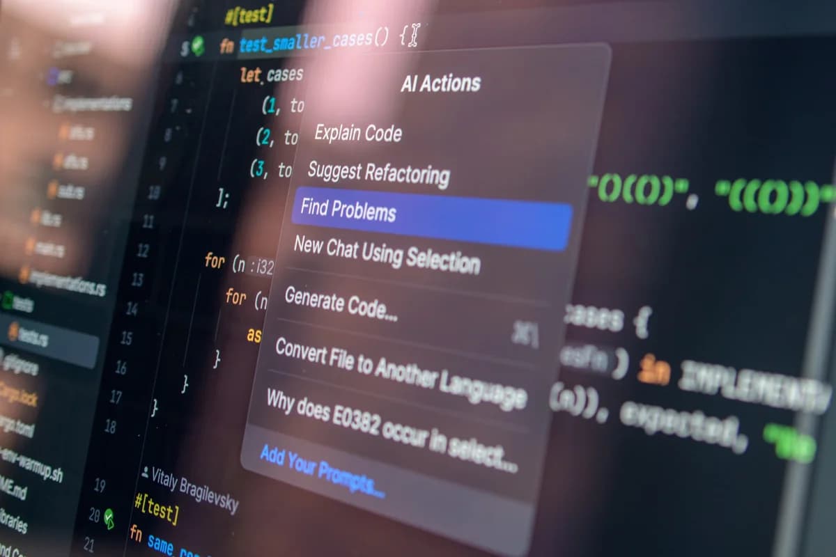 Close-up of a code editor with an AI actions menu for debugging and coding help.