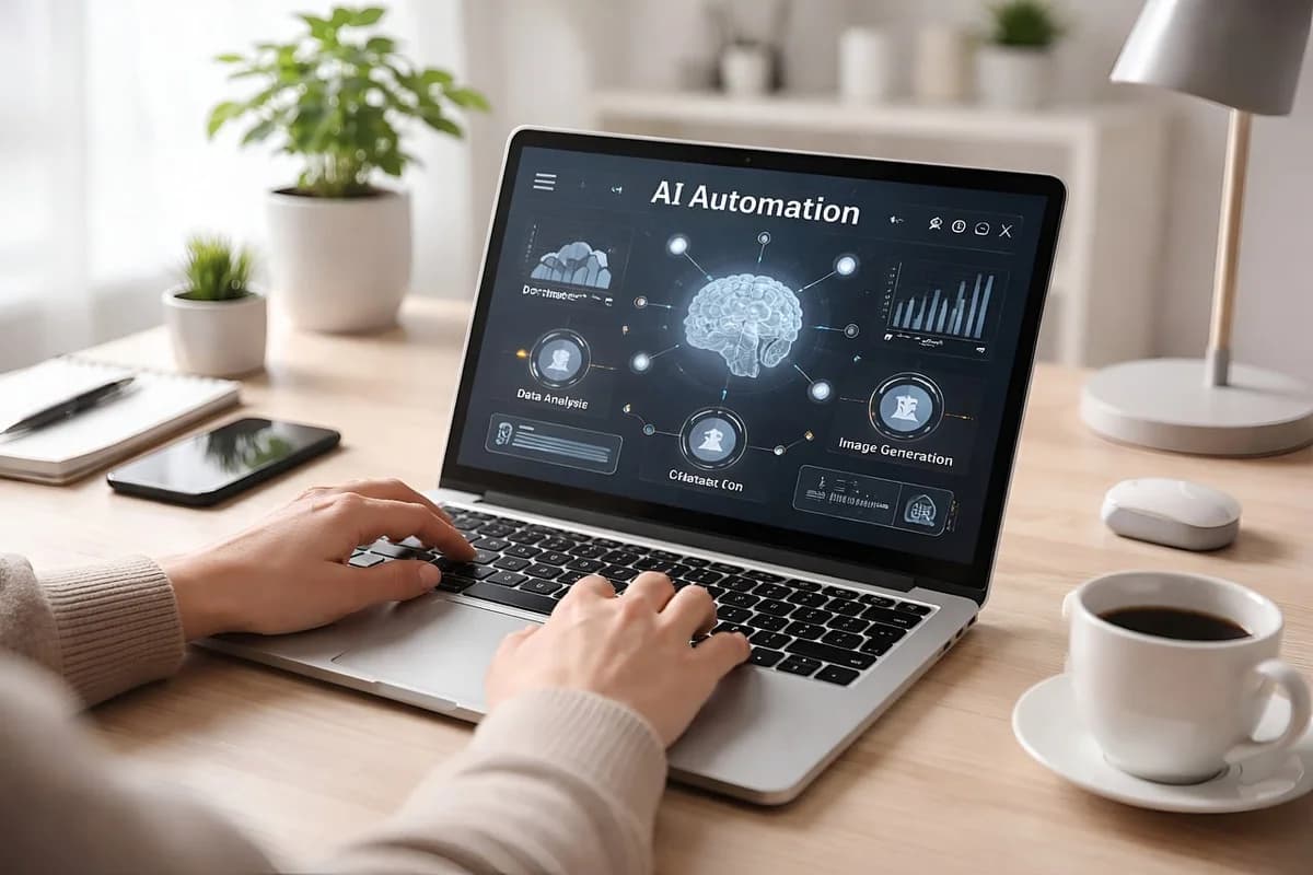 Hands typing on a laptop showing an AI automation dashboard on a modern desk.