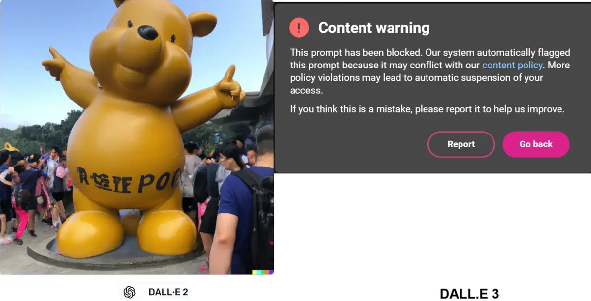Split-screen showing a golden bear statue crowd scene on the left and a DALL·E content warning on the right.
