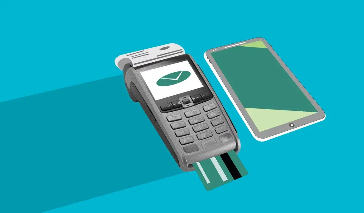 Illustration of a POS terminal and a smartphone used for digital payment.