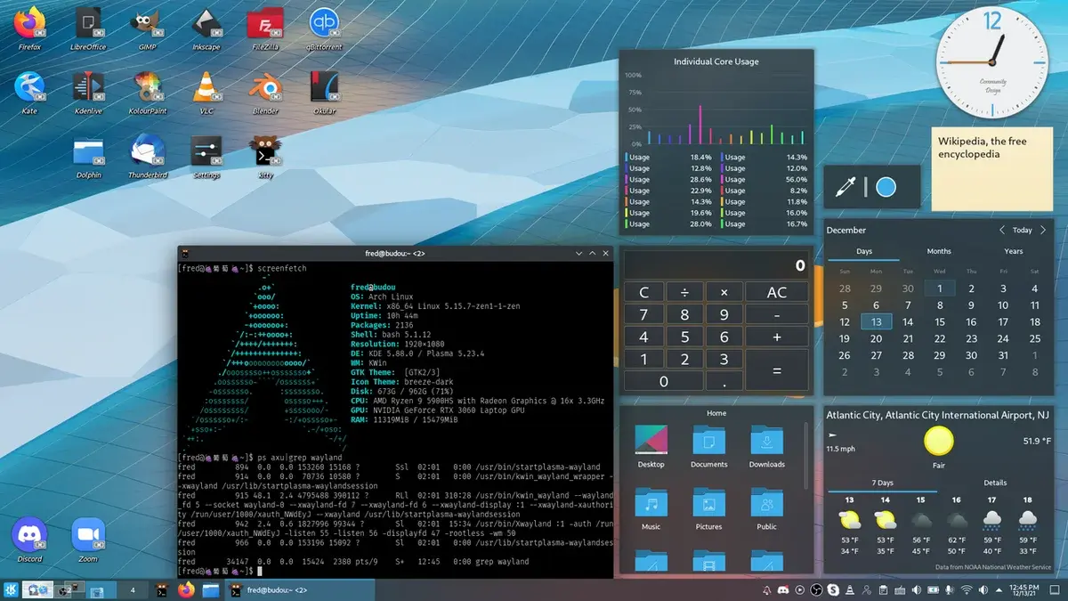 Screenshot of a KDE Plasma desktop on Wayland with widgets and a terminal window.