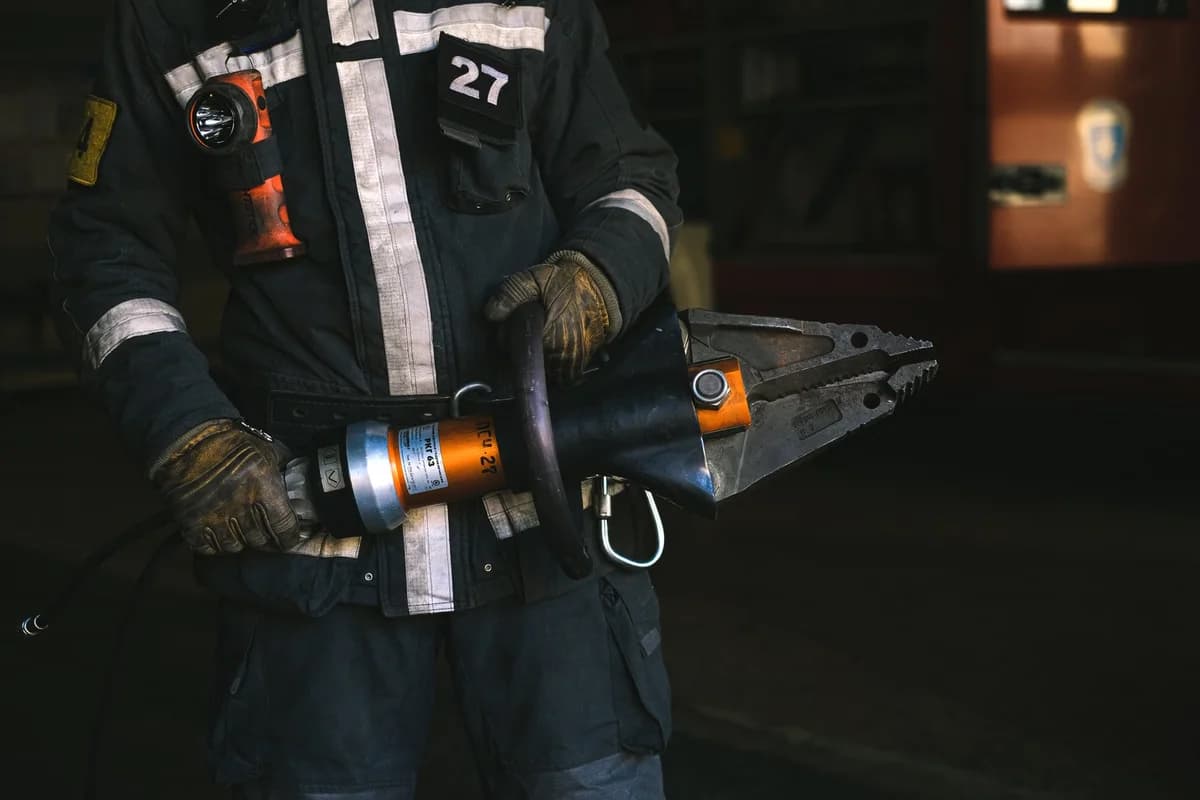 A firefighter holding a hydraulic rescue tool in a dimly lit area.