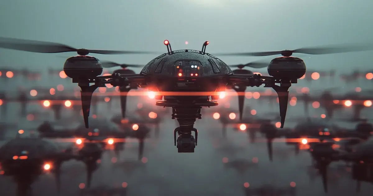A drone with red lights hovering at night.