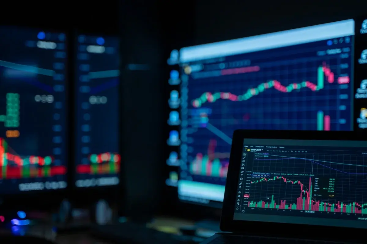 Multiple screens showing stock market charts in a dark room.