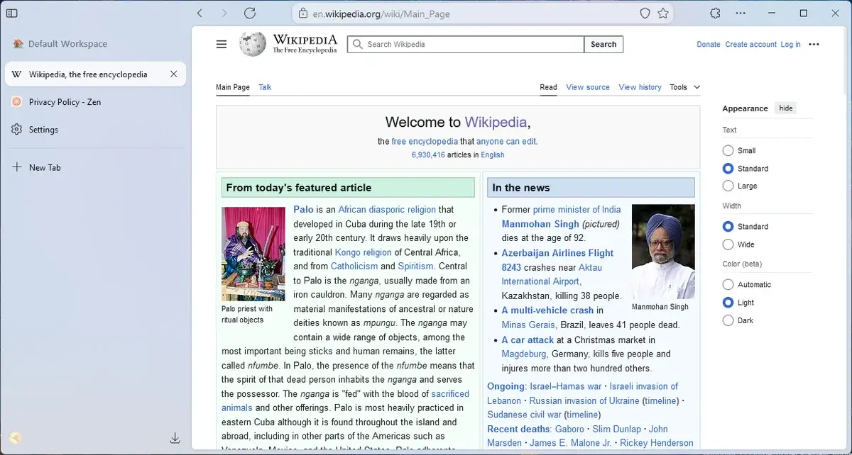 Zen Browser on Windows 11 displaying the English Wikipedia main page in a light theme.