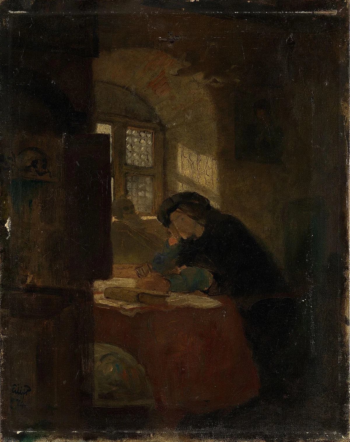 A dim painting of a person writing at a table in a dark room.