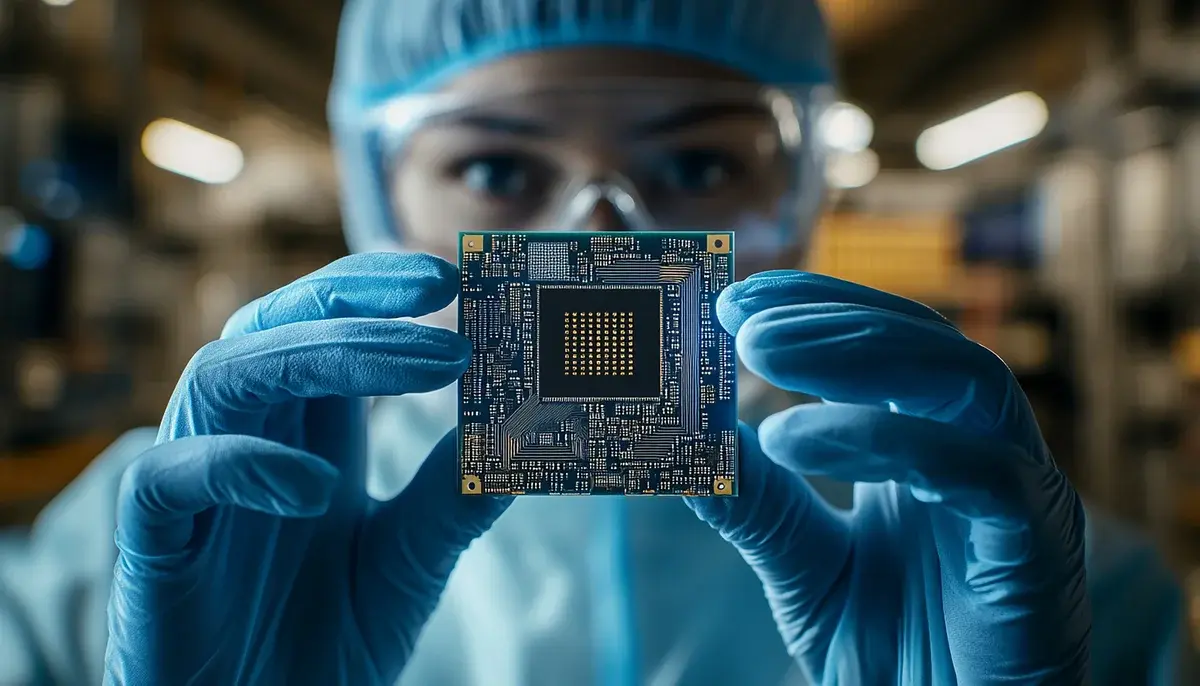 A technician in cleanroom gear holding a semiconductor chip.