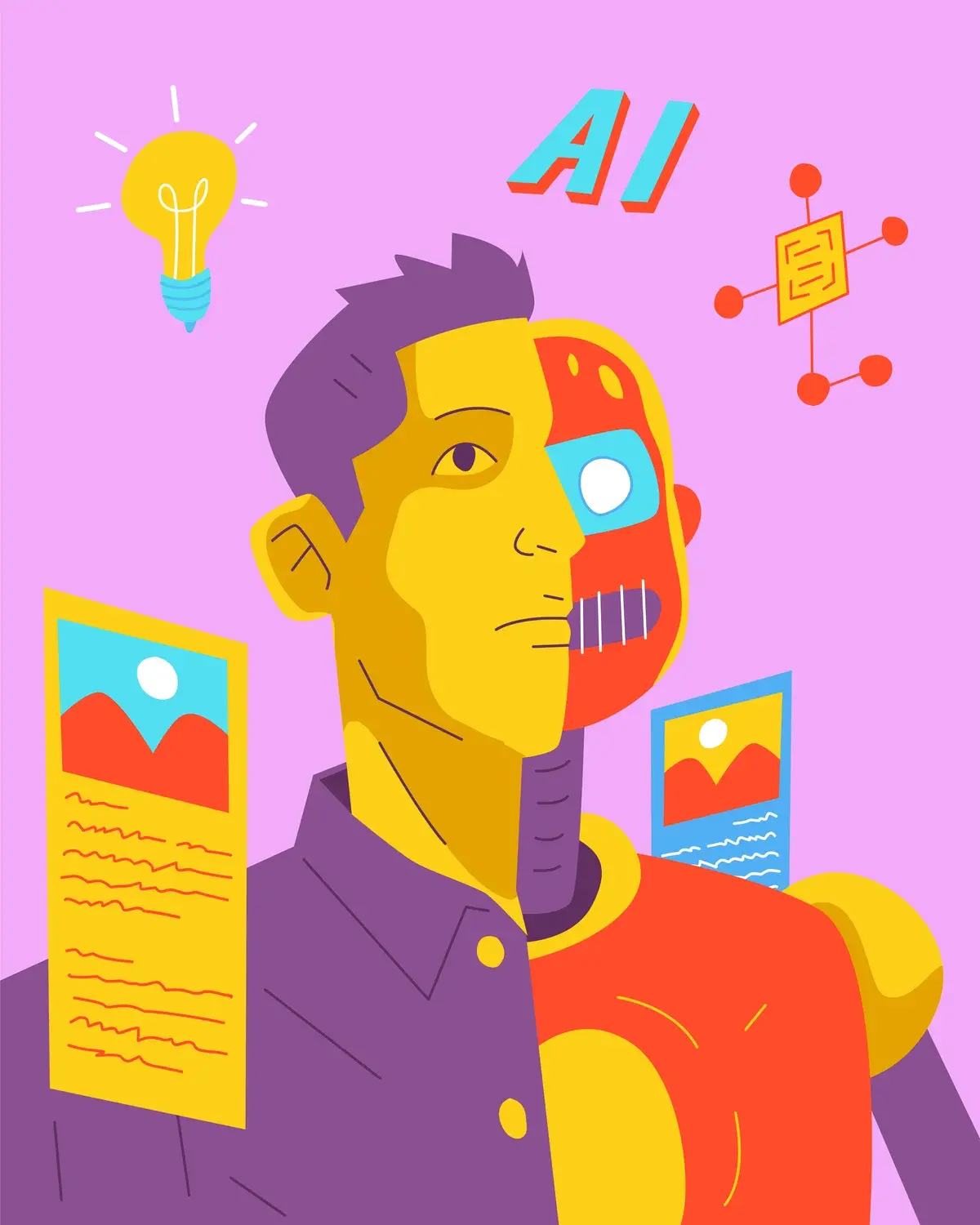 Colorful illustration of a human and AI concept with digital icons and a split robotic face.