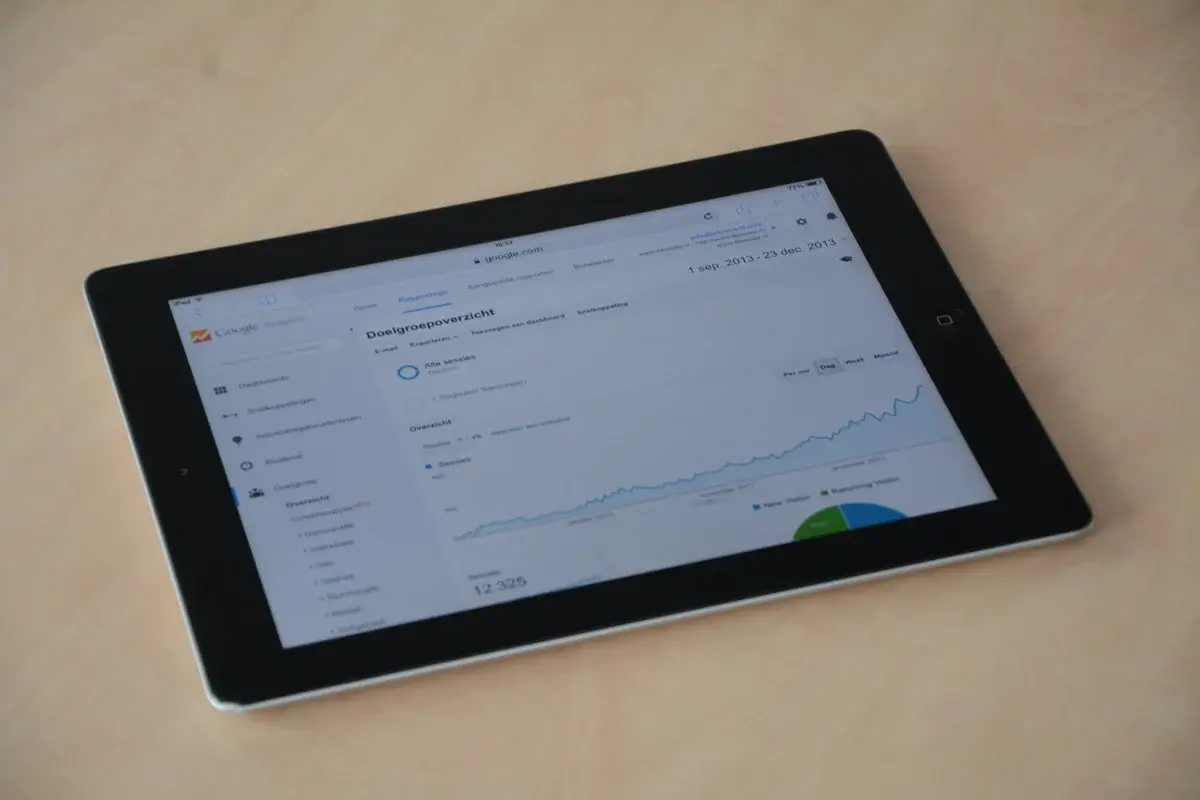A tablet displaying a web analytics dashboard on a wooden table.
