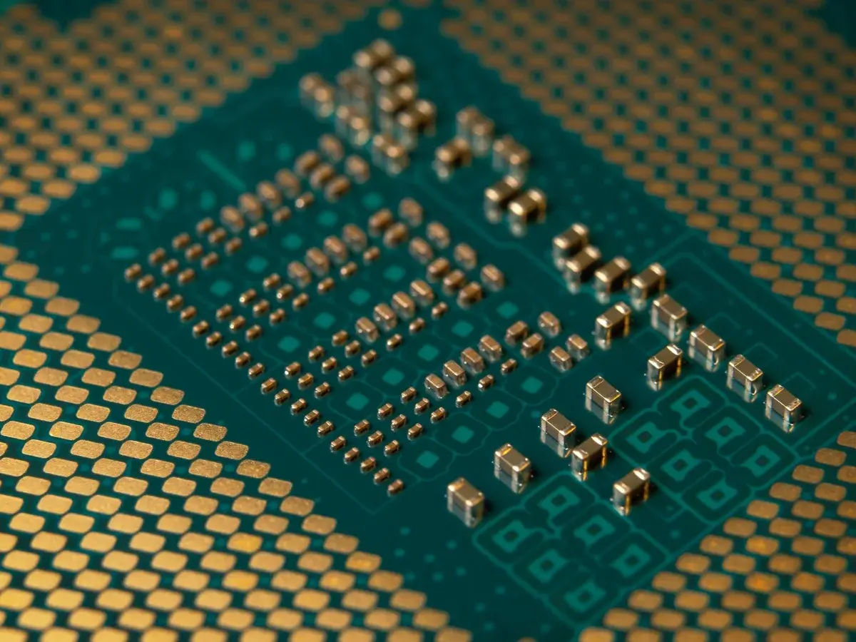 Close-up of a microprocessor circuit board with electronic components.