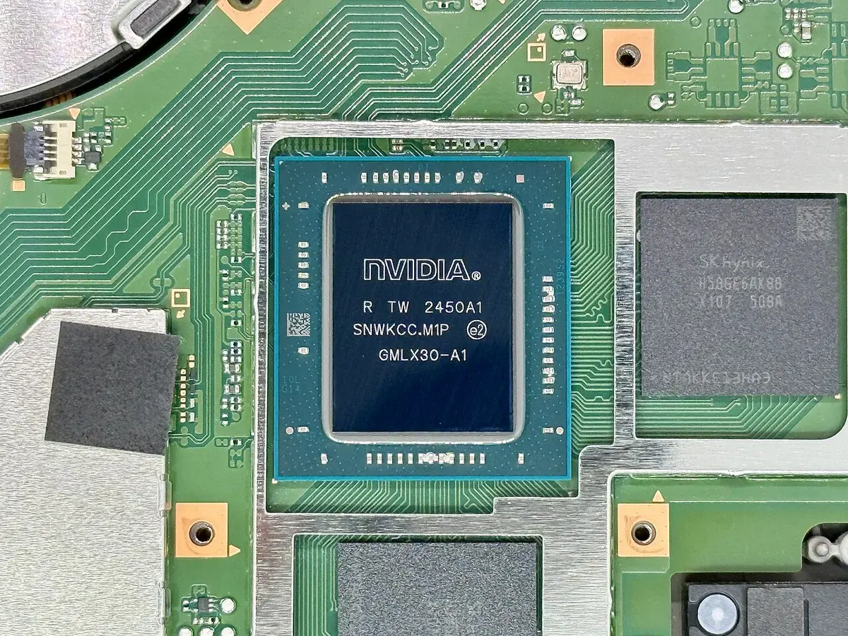 Close-up of an NVIDIA chip on a circuit board.