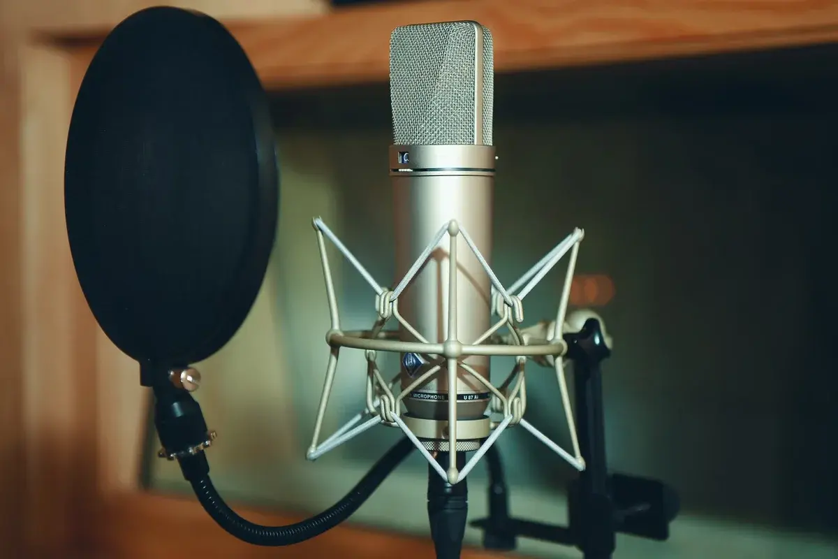 Close-up of a studio microphone with a pop filter in a recording booth.